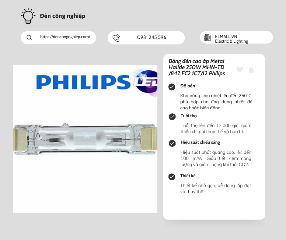 Bóng đèn cao áp Metal Halide 250W MHN-TD 842 FC2 1CT12 Philips