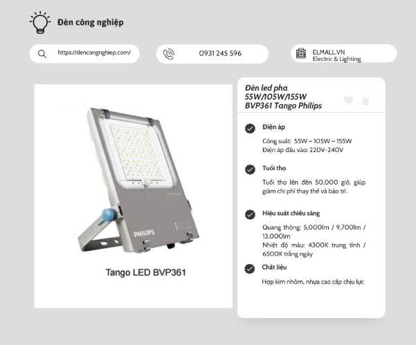 Đèn led pha 55W/105W/155W BVP361 Tango Philips 3 Tiêu Chuẩn Bảo Vệ Chống Nước