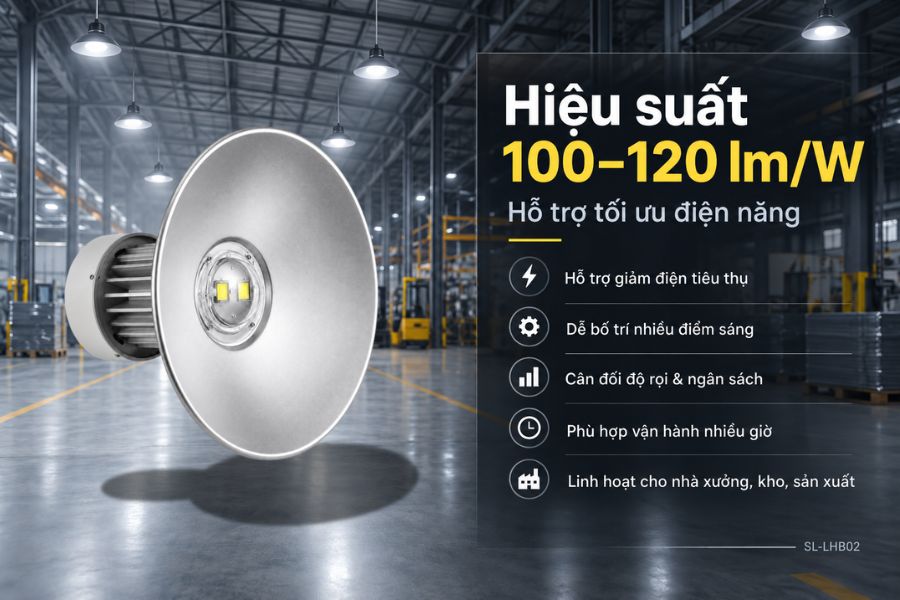 Đèn nhà xưởng OEM SL-LHB02-100 đạt hiệu suất 100–120 lm/W.