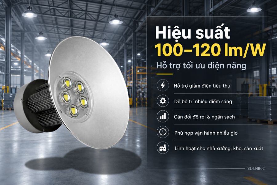 Đèn nhà xưởng OEM SL-LHB02-250 đạt hiệu suất 100–120 lm/W.