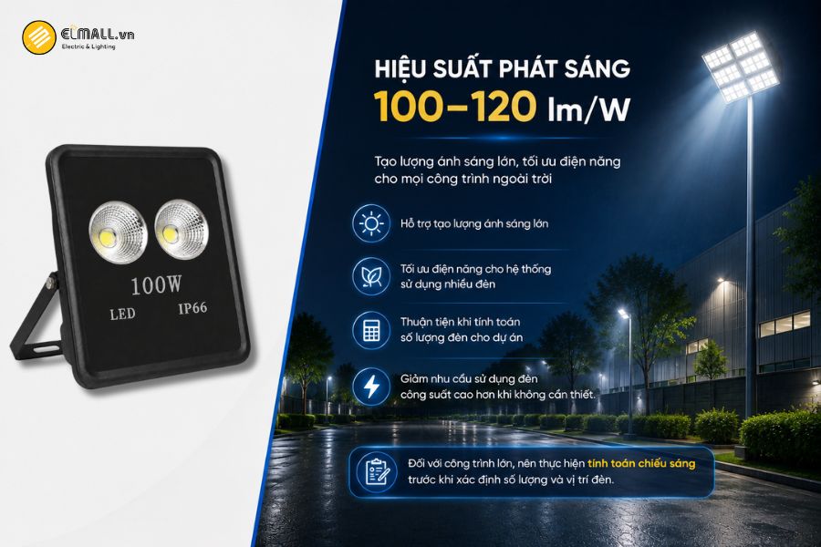 Đèn LED pha chén vuông OEM SL-DPL02-100 đạt hiệu suất phát sáng 100–120 lm/W