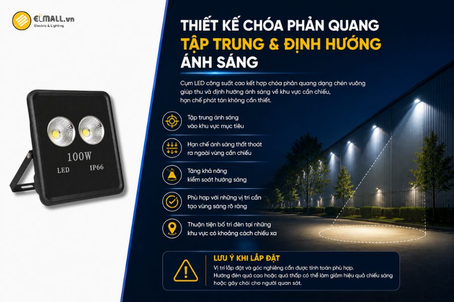 Đặc điểm nổi bật của SL-DPL02-100 là thiết kế cụm LED công suất cao kết hợp với chóa phản quang dạng chén vuông.