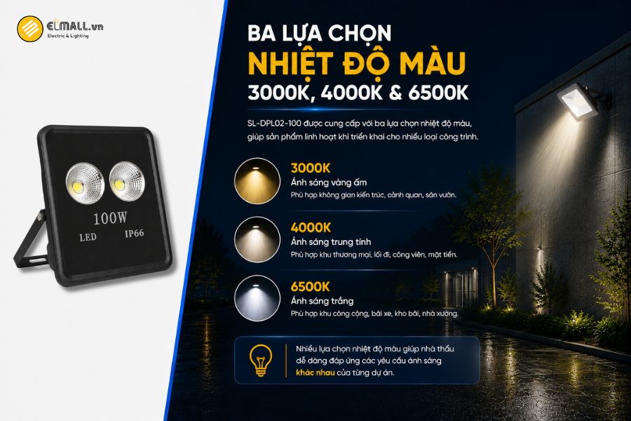 Đèn pha SL-DPL02-100 được cung cấp với ba lựa chọn nhiệt độ màu gồm 3000K, 4000K và 6500K, giúp sản phẩm linh hoạt hơn khi triển khai cho nhiều loại công trình.