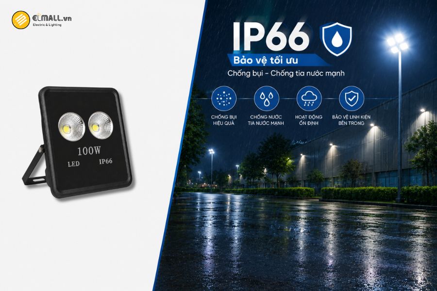 Đèn pha chén vuông SL-DPL02-100 đạt cấp bảo vệ IP66, giúp tăng khả năng bảo vệ các linh kiện bên trong trước sự xâm nhập của bụi và tia nước mạnh từ nhiều hướng.