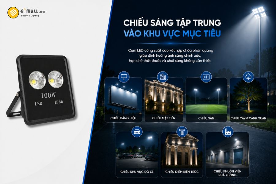 Cụm LED công suất cao kết hợp với chóa phản quang giúp SL-DPL02-100 định hướng ánh sáng về khu vực cần chiếu.
