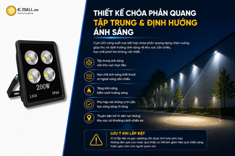 Điểm nổi bật của đèn LED pha chén vuông OEM SL-DPL02-200 là cụm LED công suất cao kết hợp với chóa phản quang dạng chén vuông