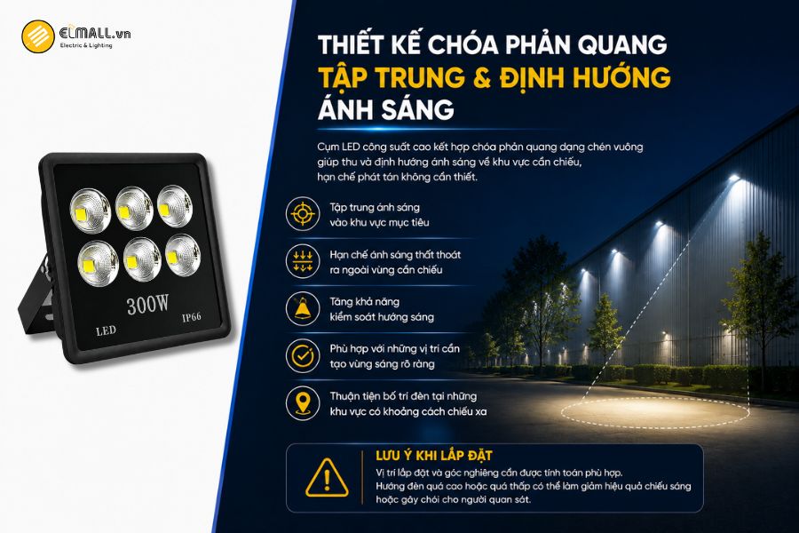 Điểm nổi bật của SL-DPL02-300 là thiết kế cụm LED công suất cao kết hợp với chóa phản quang dạng chén vuông
