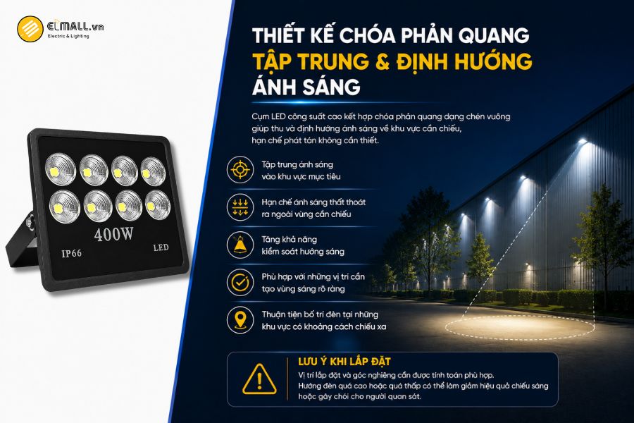 SL-DPL02-400 sử dụng cụm LED công suất cao kết hợp với chóa phản quang dạng chén vuông.