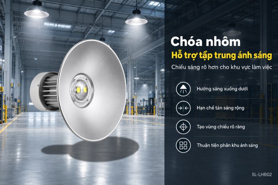 Một trong những đặc điểm nổi bật của SL-LHB02-100 là thiết kế đi kèm chóa nhôm đường kính Ø410 mm.