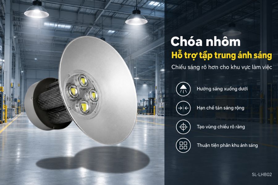 Một trong những đặc điểm nổi bật của SL-LHB02-200 là thiết kế đi kèm chóa nhôm đường kính Ø495 mm.