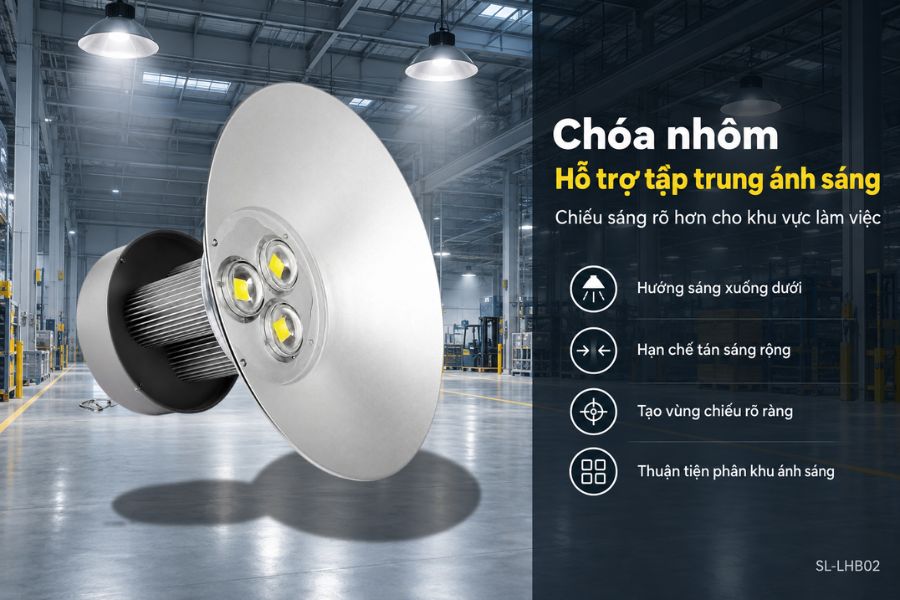 Một trong những đặc điểm nổi bật của SL-LHB02-150 là thiết kế đi kèm chóa nhôm đường kính Ø495 mm.