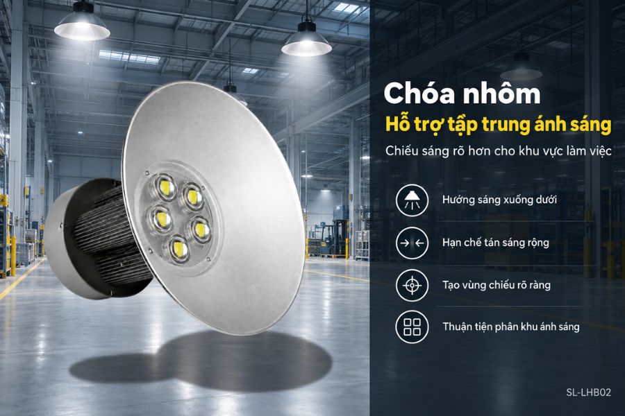 Một trong những đặc điểm nổi bật của SL-LHB02-250 là thiết kế đi kèm chóa nhôm đường kính Ø565 mm.