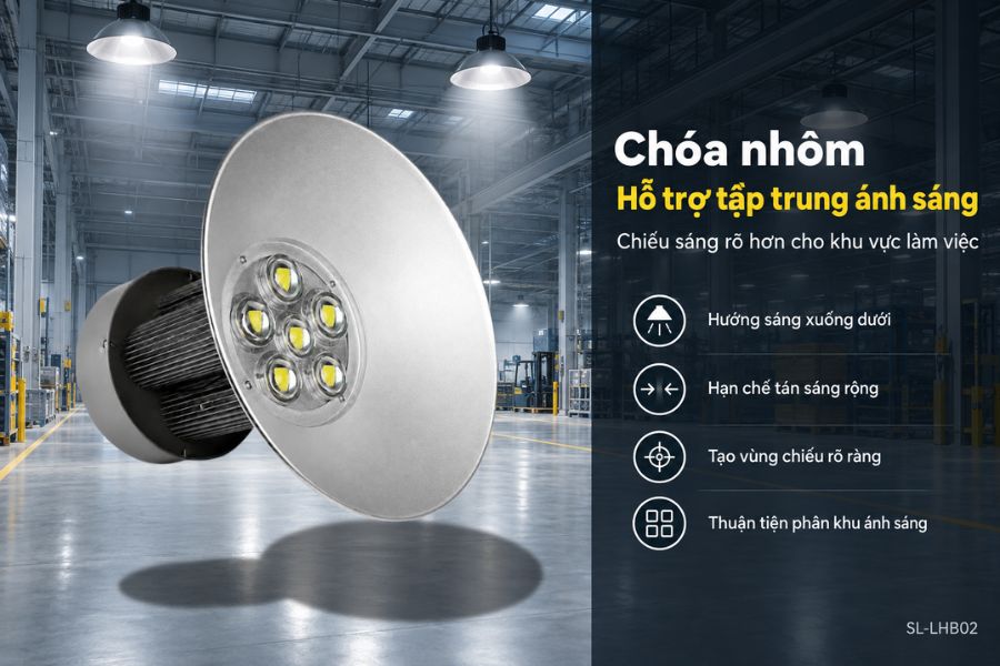 Một trong những đặc điểm nổi bật của SL-LHB02-300 là thiết kế đi kèm chóa nhôm đường kính Ø565 mm.