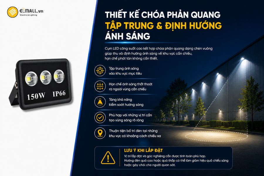 Điểm nổi bật của đèn LED pha chén vuông OEM SL-DPL02-150 là thiết kế cụm LED công suất cao kết hợp với chóa phản quang dạng chén vuông