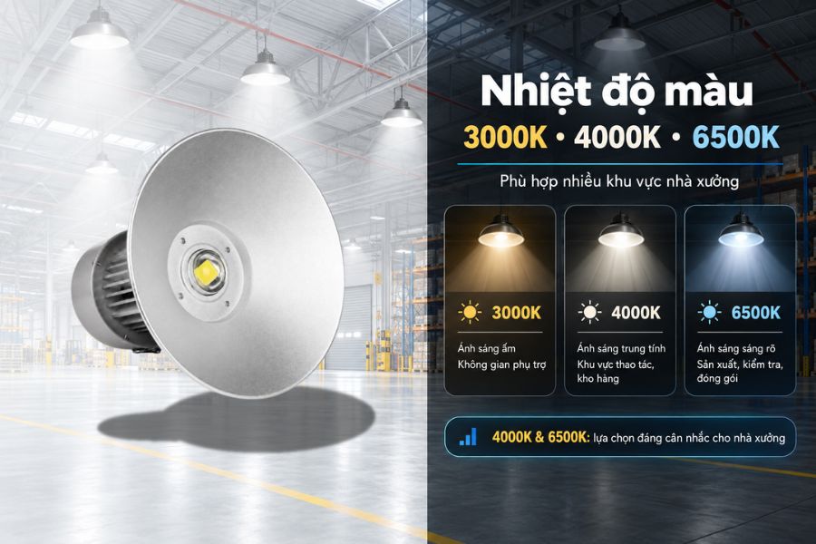 Đèn nhà xưởng SL-LHB02-50 có ba lựa chọn nhiệt độ màu gồm 3000K, 4000K và 6500K, giúp sản phẩm phù hợp với nhiều không gian sử dụng.