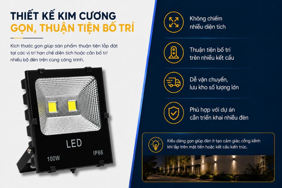 SL-DPL03-100 có thiết kế dạng đèn pha kim cương COB với kích thước khoảng 285 x 255 x 70 mm