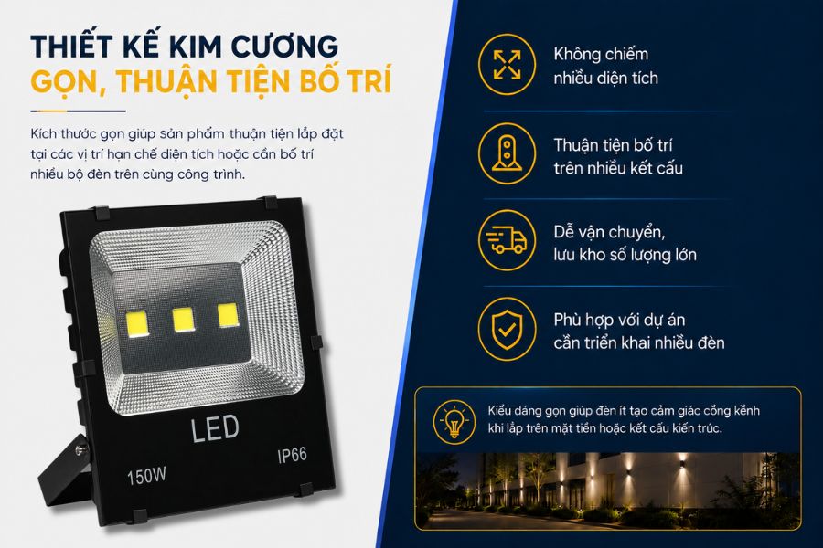 SL-DPL03-150 có thiết kế dạng đèn pha kim cương COB với kích thước khoảng 345 x 310 x 85 mm