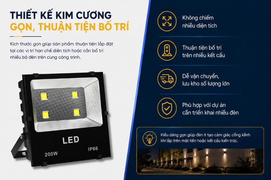 SL-DPL03-200 có thiết kế dạng đèn pha kim cương COB với kích thước khoảng 345 x 310 x 85 mm.