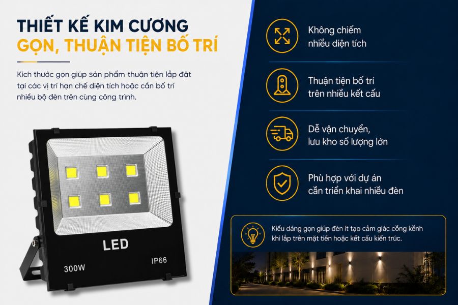 SL-DPL03-300 có thiết kế dạng đèn pha kim cương COB với kích thước khoảng 425 x 385 x 100 mm