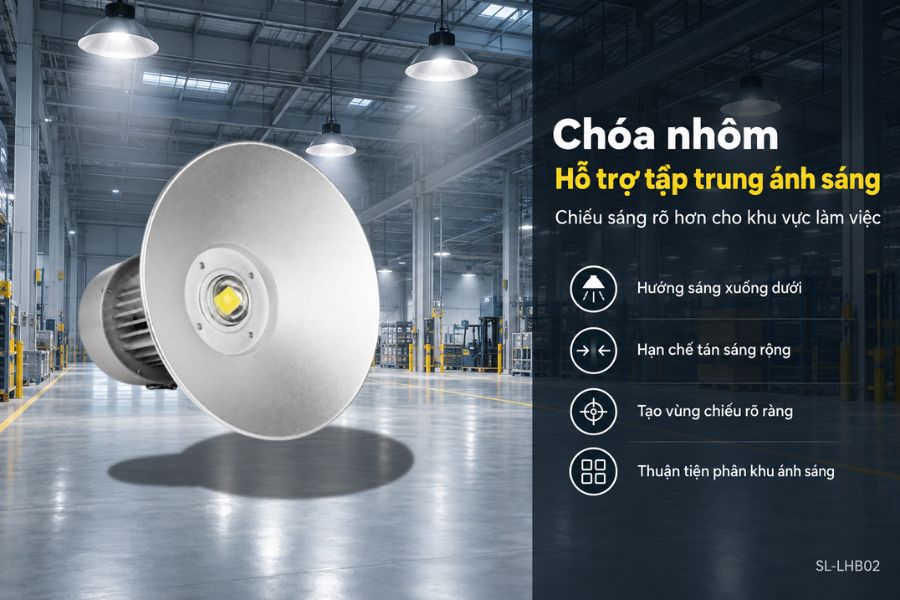 Một trong những đặc điểm nổi bật của SL-LHB02-50 là thiết kế đi kèm chóa nhôm đường kính Ø410 mm.
