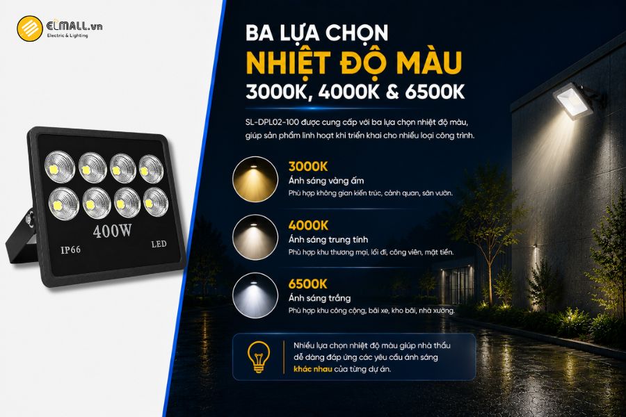 SL-DPL02-400 có ba lựa chọn nhiệt độ màu gồm 3000K, 4000K và 6500K