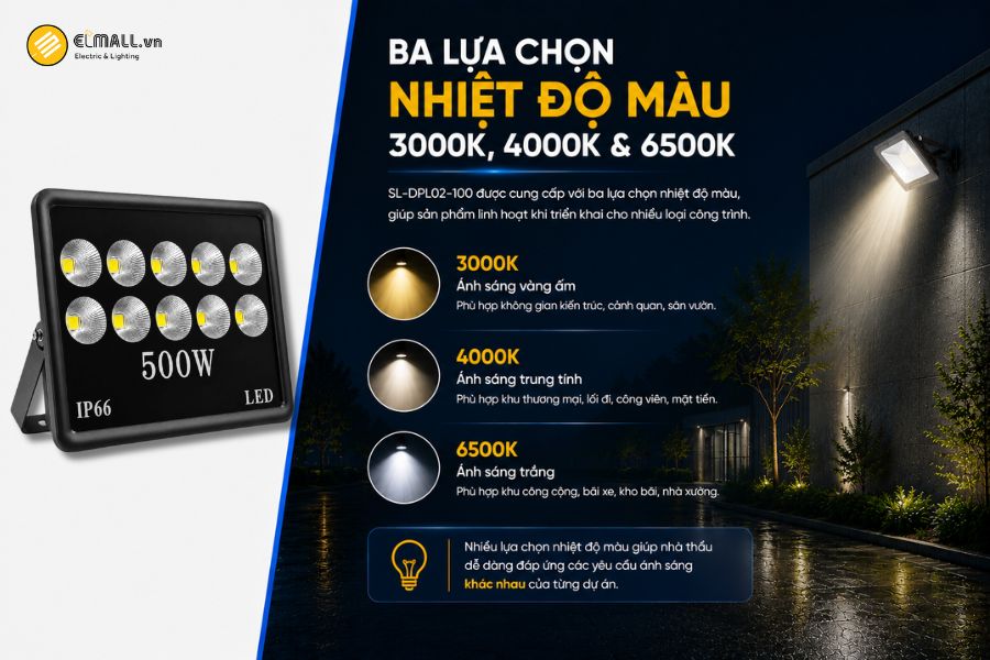 SL-DPL02-500 có ba lựa chọn nhiệt độ màu gồm 3000K, 4000K và 6500K. Điều này giúp sản phẩm linh hoạt hơn khi ứng dụng cho nhiều không gian và mục đích chiếu sáng khác nhau.