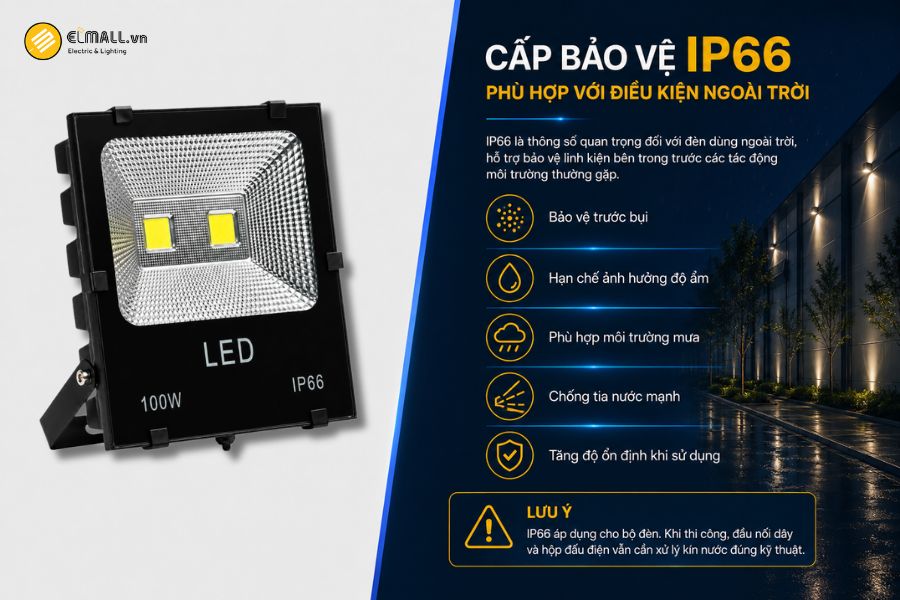 SL-DPL03-100 đạt cấp bảo vệ IP66, phù hợp với đặc điểm của đèn pha lắp đặt ngoài trời.