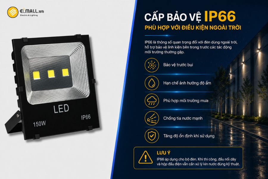SL-DPL03-150 đạt cấp bảo vệ IP66, phù hợp với môi trường ngoài trời, nơi đèn thường xuyên chịu tác động từ bụi, độ ẩm, nước mưa và sự thay đổi thời tiết.