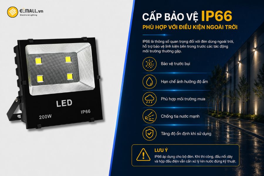 SL-DPL03-200 đạt cấp bảo vệ IP66, phù hợp với các khu vực lắp đặt ngoài trời, nơi đèn thường xuyên tiếp xúc với bụi, độ ẩm, nước mưa và điều kiện thời tiết thay đổi.