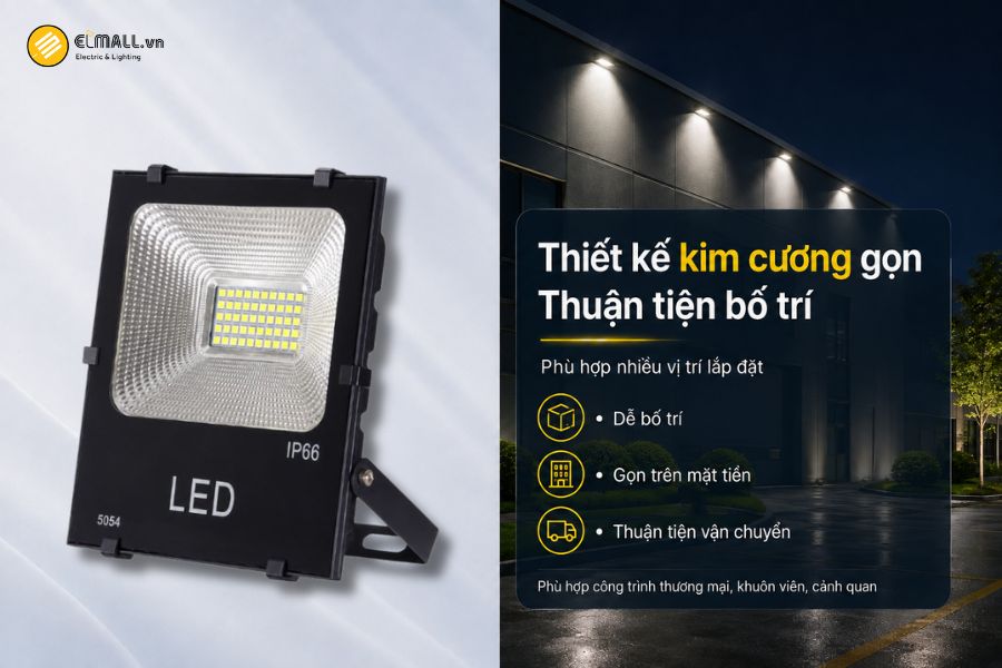 Đèn LED pha kim cương SMD - Eco OEM SL-DPL04-50EC sử dụng thiết kế dạng đèn pha kim cương với kích thước khoảng 210 x 240 x 60 mm.