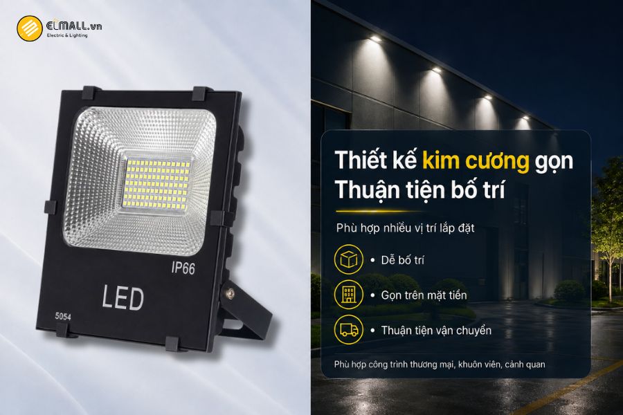 Đèn LED pha kim cương SMD - Eco OEM SL-DPL04-100EC sử dụng thiết kế dạng đèn pha kim cương với kích thước khoảng 285 x 255 x 70 mm.