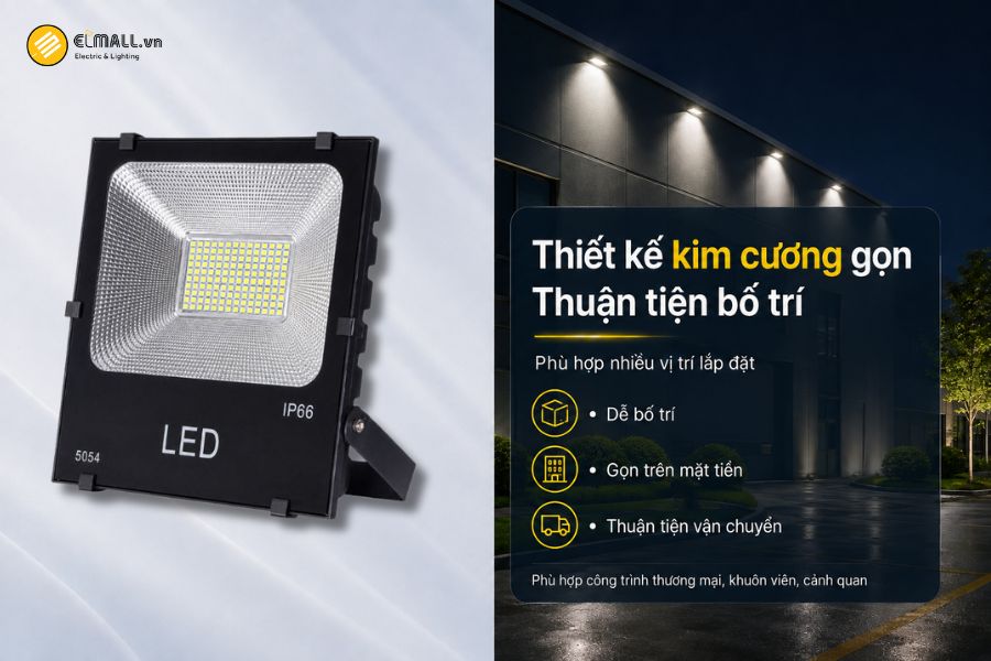 Đèn LED pha kim cương SMD - Eco OEM SL-DPL04-150EC sử dụng thiết kế dạng đèn pha kim cương với kích thước khoảng 345 x 310 x 85 mm
