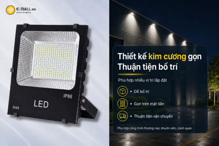 Đèn LED pha kim cương SMD - Eco OEM SL-DPL04-200EC có thiết kế dạng đèn pha kim cương với kích thước khoảng 345 x 310 x 85 mm