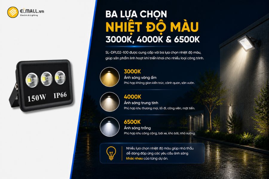 SL-DPL02-150 có ba lựa chọn nhiệt độ màu gồm 3000K, 4000K và 6500K, giúp sản phẩm dễ ứng dụng trong nhiều loại công trình khác nhau.