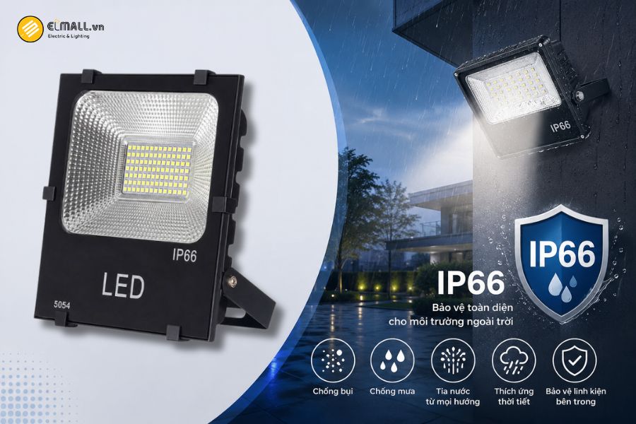 Đèn LED pha kim cương SMD - Eco OEM SL-DPL04-100EC đạt cấp bảo vệ IP66, giúp tăng khả năng bảo vệ các linh kiện bên trong trước tác động của bụi và nước trong điều kiện sử dụng ngoài trời.