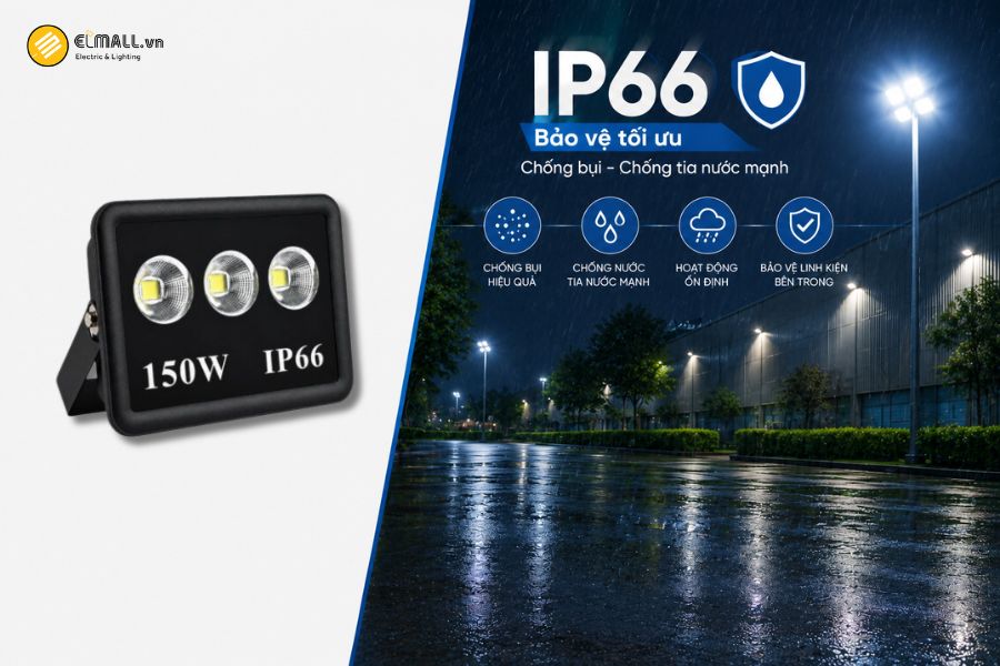 Đèn LED pha chén vuông OEM SL-DPL02-150 đạt cấp bảo vệ IP66, phù hợp với điều kiện lắp đặt ngoài trời, nơi thiết bị thường xuyên chịu ảnh hưởng từ bụi, hơi ẩm, nước mưa và sự thay đổi thời tiết.