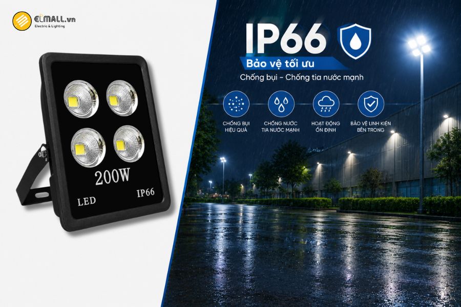 Đèn LED pha chén vuông OEM SL-DPL02-200 đạt cấp bảo vệ IP66, phù hợp với môi trường ngoài trời, nơi thiết bị thường xuyên tiếp xúc với bụi, hơi ẩm, nước mưa và sự thay đổi thời tiết.