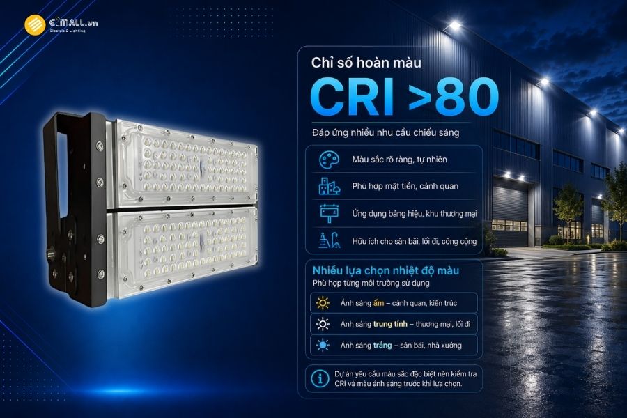 Đèn LED pha module OEM SL-DPL01-100 có chỉ số hoàn màu CRI >80 và có nhiều sự lựa chọn màu sắc