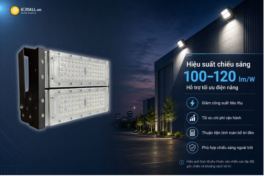 Đèn LED pha module OEM SL-DPL01-100 có hiệu suất phát sáng khoảng 100–120 lm/W