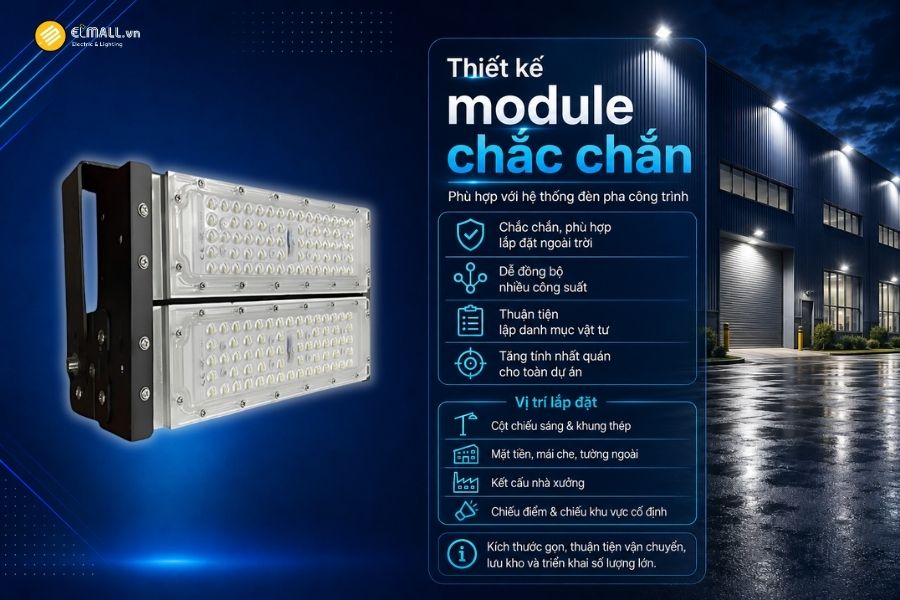 Đèn LED pha module OEM SL-DPL01-100 sử dụng kết cấu dạng module, phù hợp với đặc điểm của các dòng đèn pha phục vụ công trình và dự án