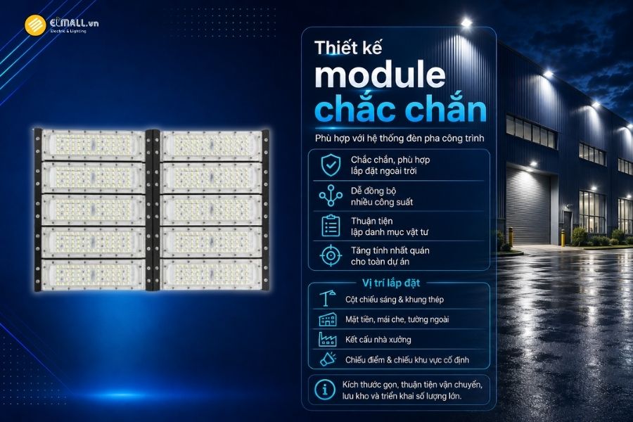 Đèn LED pha module OEM SL-DPL01-500 sử dụng kết cấu dạng module, phù hợp với các dòng đèn pha phục vụ công trình và dự án