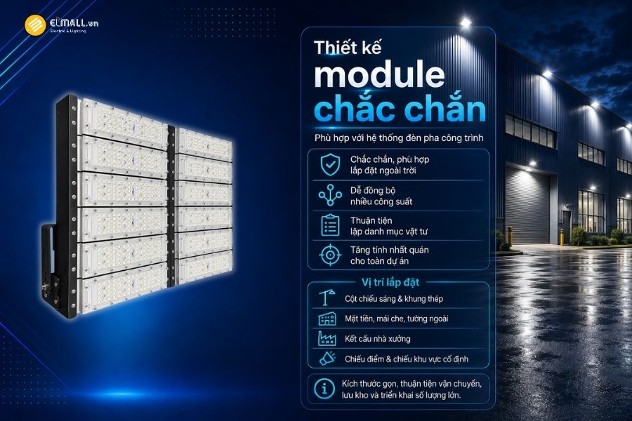 Đèn LED pha module OEM SL-DPL01-600 sử dụng kết cấu dạng module, phù hợp với đặc điểm của các dòng đèn pha phục vụ công trình