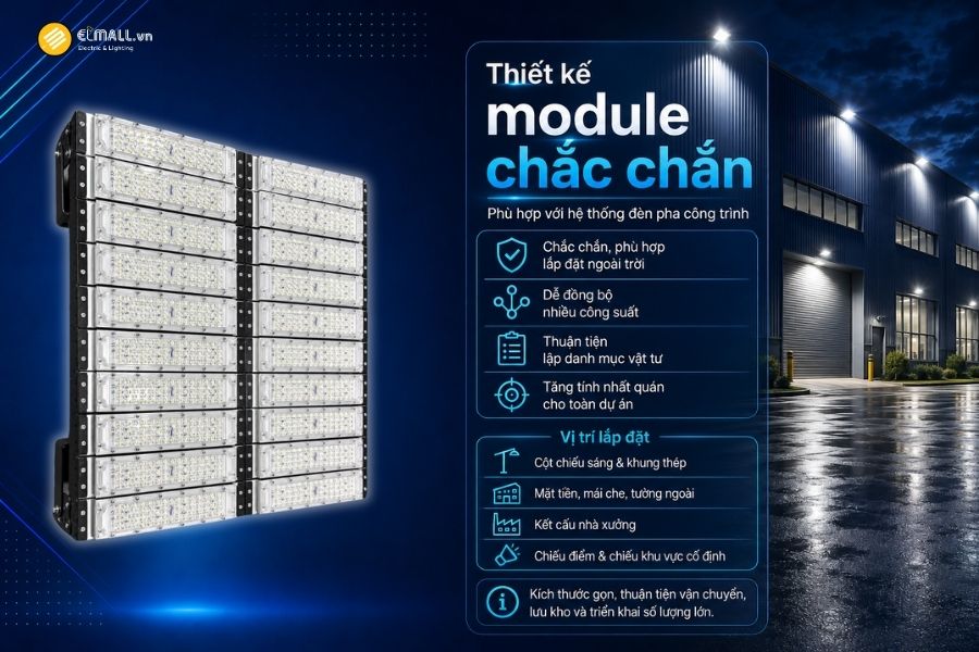 Đèn LED pha module OEM SL-DPL01-1000 sử dụng kết cấu dạng module, phù hợp với các dòng đèn pha phục vụ công trình và dự án