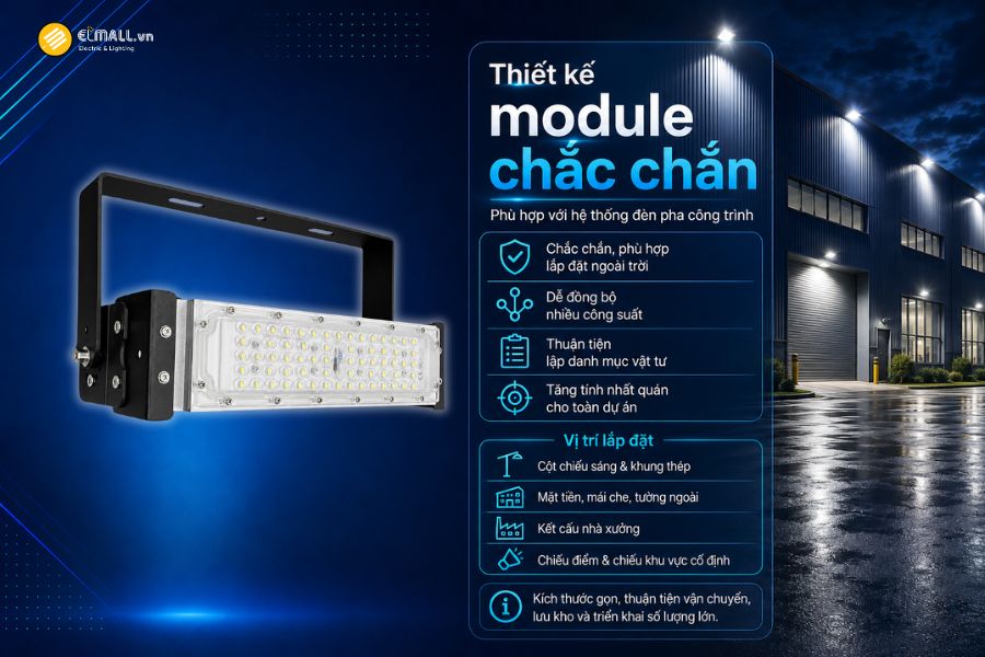 Đèn LED pha module OEM SL-DPL01-50 sử dụng kết cấu dạng module, một thiết kế thường được ứng dụng trong các dòng đèn pha phục vụ công trình và dự án.