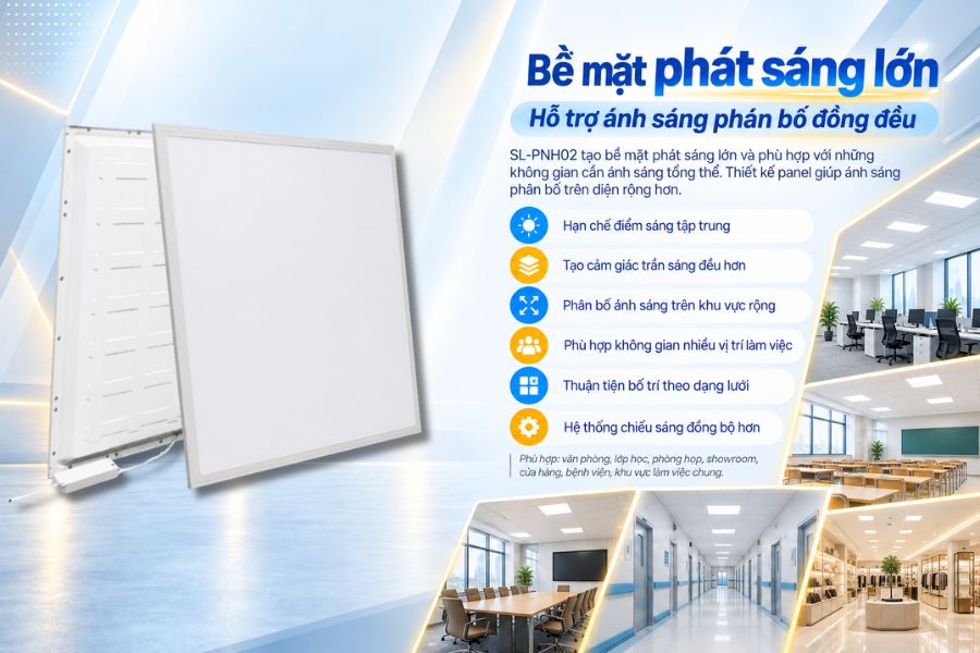 SL-PNH02 có bề mặt phát sáng lớn và phù hợp với những không gian cần ánh sáng tổng thể.