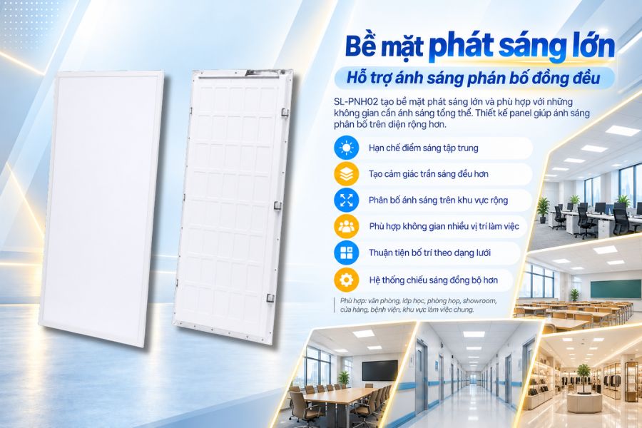 SL-PNH02 có bề mặt phát sáng lớn và phù hợp với những không gian cần ánh sáng tổng thể.