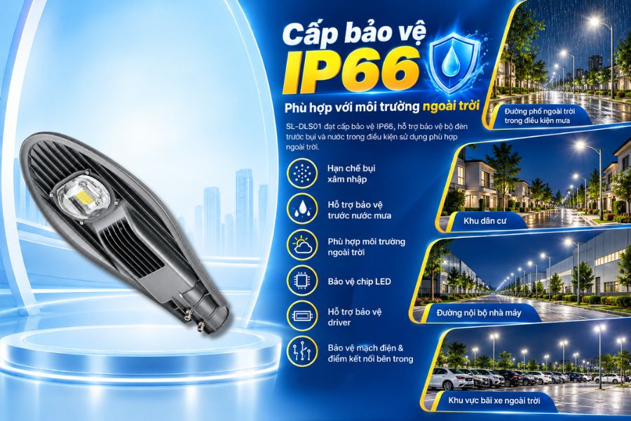 SL-DLS01-50 đạt cấp bảo vệ IP66, giúp tăng khả năng bảo vệ các linh kiện bên trong trước bụi và nước trong điều kiện sử dụng phù hợp.
