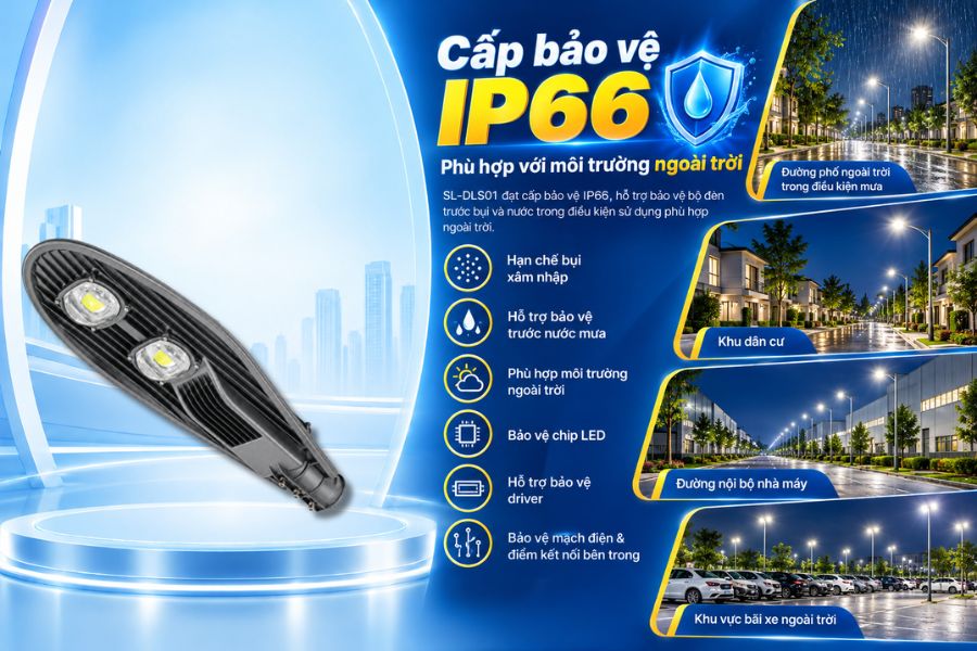 SL-DLS01-100 đạt cấp bảo vệ IP66, phù hợp với các hệ thống chiếu sáng ngoài trời thường xuyên chịu tác động của bụi, mưa, độ ẩm và thay đổi thời tiết.