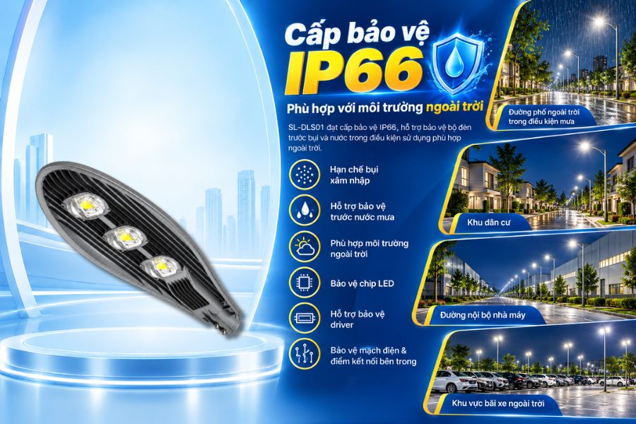 SL-DLS01-150 đạt cấp bảo vệ IP66, phù hợp với các hệ thống chiếu sáng ngoài trời thường xuyên chịu ảnh hưởng của bụi, mưa, độ ẩm và thay đổi thời tiết.