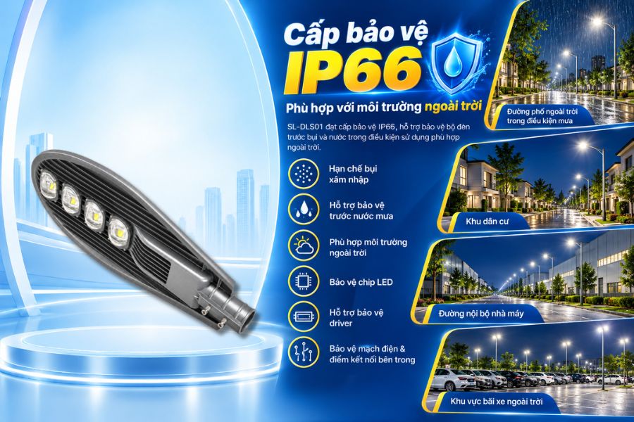 SL-DLS01-200 đạt cấp bảo vệ IP66, phù hợp với các hệ thống chiếu sáng ngoài trời thường xuyên chịu ảnh hưởng của bụi, mưa, độ ẩm và thay đổi thời tiết.
